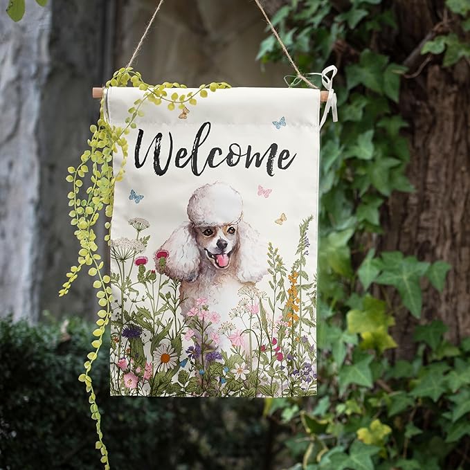 Spring Summer Garden Flag Floral Poodle Yard Flag Flower Dog Garden Flags for Outside Small Outdoor Welcome Flags 12x18 Double Sided