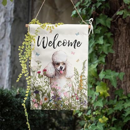 Spring Summer Garden Flag Floral Poodle Yard Flag Flower Dog Garden Flags for Outside Small Outdoor Welcome Flags 12x18 Double Sided
