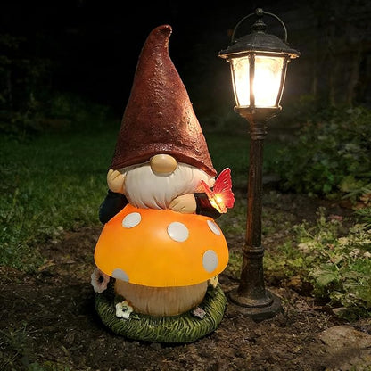 Solar Garden Gnome with mushroom for Garden Decor: IP44 Weatherproof Resin with Automatic Lighting - No Installation- Outdoor Yard Patio Balcony Art - Birthday Gifts for Bird Lovers Mom Grandma Women