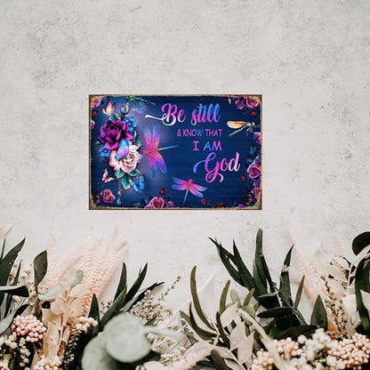 Dragonfly Tin Sign Flower Metal Poster Vintage, Be Still & Know, Wall Art Decor Gifts for Home Bar Kitchen Restaurant Bedroom Garden Plaque 8x12 Inch