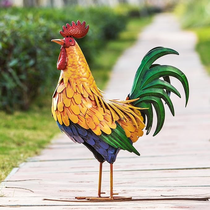 TERESA'S COLLECTIONS Large Metal Rooster Garden Statues Decor, 21 Inch Outdoor Chicken Sculpture Figurines Bird Yard Art for Farm Patio Lawn Kitchen Decorations,Housewarming Gift