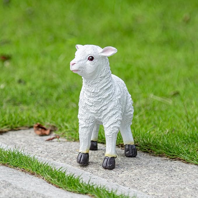 Garden Lamb Figurine, White Resin Sheep Statue, 7.09 x 7.48 inches, Outdoor Decorative Animal Sculpture
