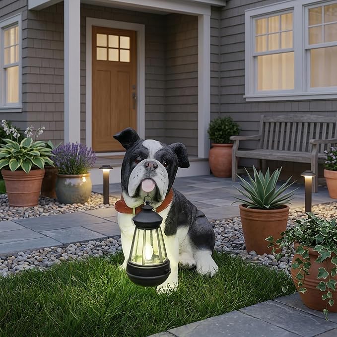English Bulldog Garden Statue with Solar Lantern, Realistic Dog Sculpture, Birthday Gift for Women Mom Grandma, Housewarming Gift for New Home, Outdoor Resin Puppy Decor,Black & White