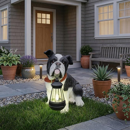 English Bulldog Garden Statue with Solar Lantern, Realistic Dog Sculpture, Birthday Gift for Women Mom Grandma, Housewarming Gift for New Home, Outdoor Resin Puppy Decor,Black & White
