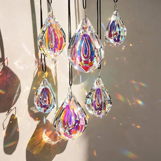 kanpura 6 Pcs Crystal Sun Catcher Prisms AB Colored Hanging Suncatchers with Glass Prism Rainbow Maker for Room, Garden Fantasy Aesthetic Home Decor