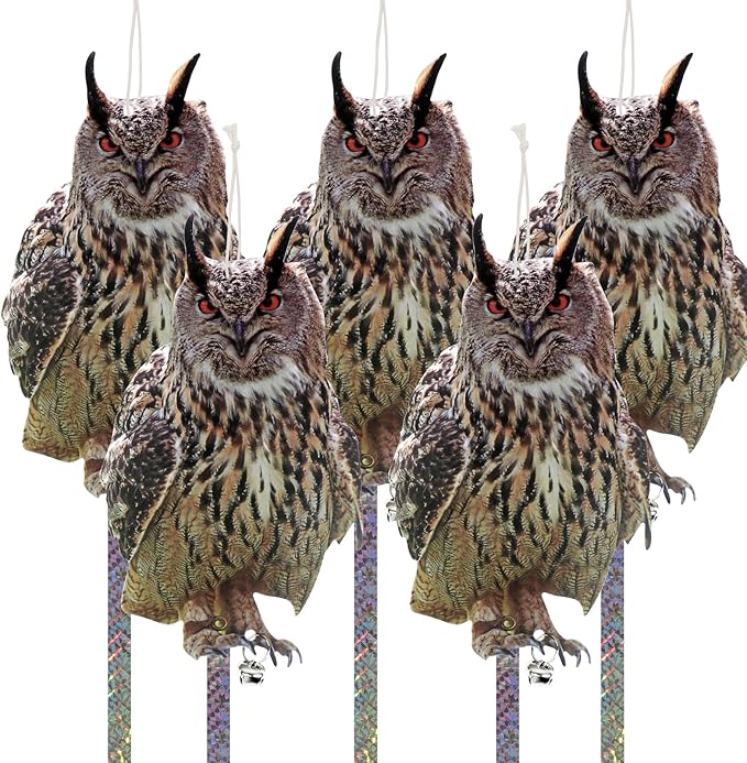 Fake Owl Hanging Decoration, Reflective Bird Scare for Garden Patio, Plastic Owl Deterrent with Reflective Tape to Scare Birds Away for Windows Tree