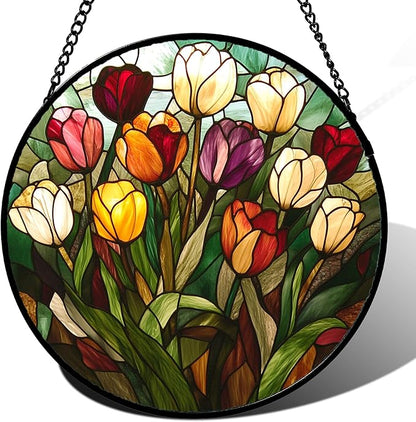 Stained Glass Window Hanging Colorful Tulip 9.8" - Flower Suncatcher Door Garden Sun Catcher Home Plant Decor Birthday Mother's Day for Mom Woman Friend Nana Colleague