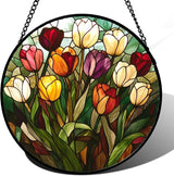 Stained Glass Window Hanging Colorful Tulip 7.8" - Flower Suncatcher Door Garden Sun Catcher Home Plant Decor Birthday Mother's Day for Mom Woman Friend Nana Colleague