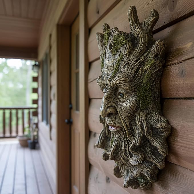 Old Man Tree Face Hugger Outdoor Decor, Handmade Tree Art Resin Statue with Foliage & Root Details, Whimsical Hanging Yard Art for Garden Wall Fence