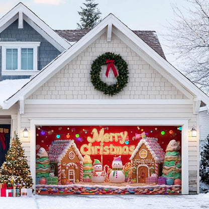 HOMETITUTE Christmas Garage Door Cover 13x6ft Snowman Gingerbread House Holiday Banner Red Background Colorful Lights Gift Boxes Seasonal Backdrop Outdoor Indoor Winter Party Festive Wall Porch