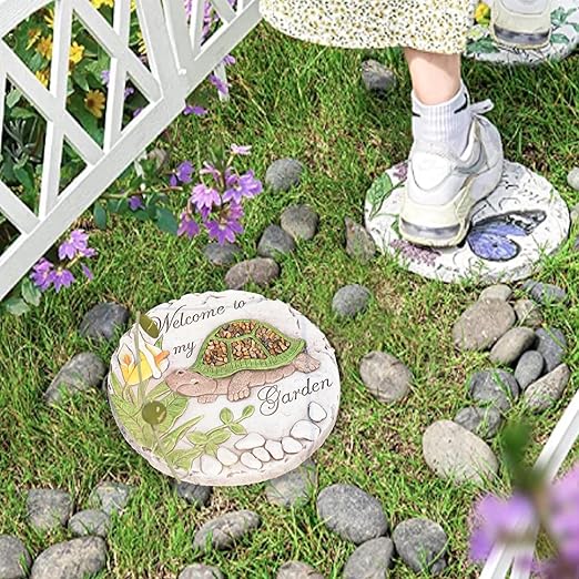 Outdoor Garden Decor Stepping Stones - Resin Tortoise Decorative Stones Pavers for Garden Decor for Outside Walkway Yard 9.5 * 9.5 * 0.5 Inch