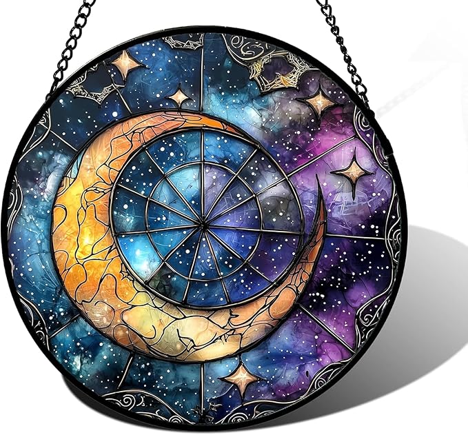 DASTOLL Stained Glass Window Hanging, Blue Starry Sky Moon Astrolabe Suncatcher for Doors Home Sun Catchers Decoration and Christmas, Mother's Day Birthday Gifts for Women, Men, and Mom 14.9x14.9 in