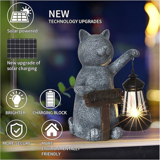 Garden Decoration Solar Powered Welcome cat Statue: Mothers Day Birthday Gifts for Mom Grandma Women Sister Wife Lady Lover - Balcony Garden Patio Lawn Porch Welcome Cat Decoration