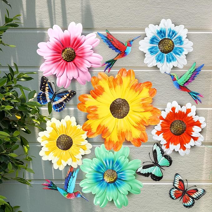 Colingmill 12 Pack Metal Flowers Butterfly Hummingbird Wall Art Decor 3D Metal Outdoor Wall Hanging Sculptures Decoration for Outdoor Garden Fence Yard Patio Indoor Living Room Balcony(Yellow)