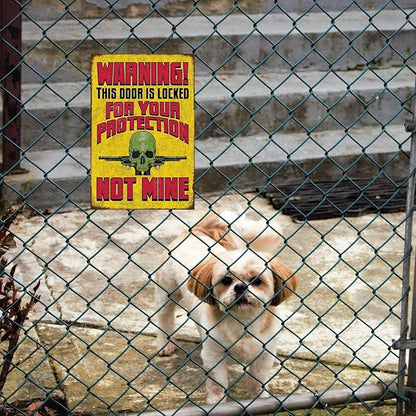 Funny No Trespassing Sign, Metal Warning Tin Signs, Door is Locked for your Protection, Yard Sign Garage Farm Garden Wall Decor Plaque Outdoor for Home Fence 8 X 12 Inches