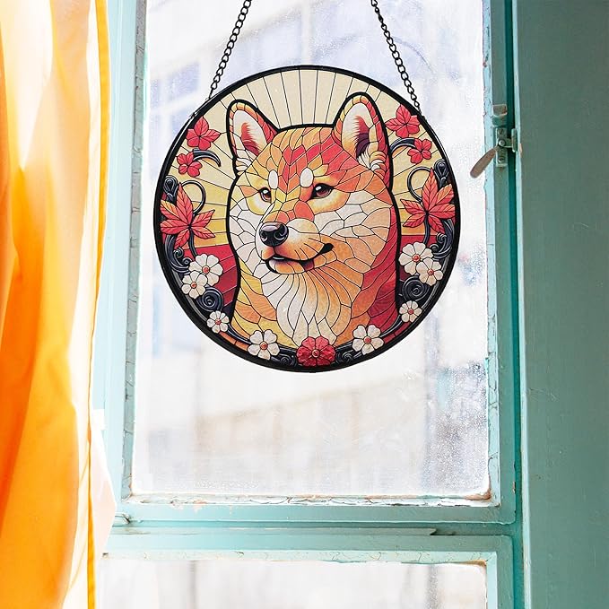 Stained Glass Dog Memorial Suncatcher,Shiba Inu Window Hanging,Sympathy Gifts for Pet Loss,7.9 inch/20 cm Home and Garden Decor for Dog Lovers