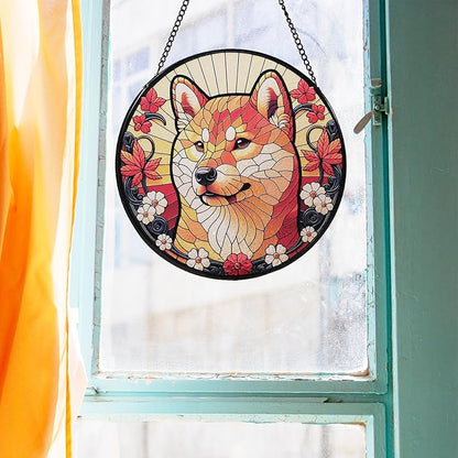 Stained Glass Dog Memorial Suncatcher,Shiba Inu Window Hanging,Sympathy Gifts for Pet Loss,7.9 inch/20 cm Home and Garden Decor for Dog Lovers