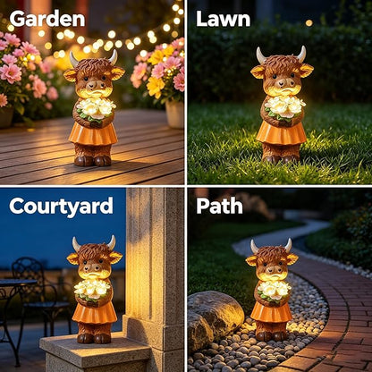 Solar-Powered Resin Highland Cow Statue with Orange Skirt & Light-Up Purple Flower Bouquet - Garden Decor for Patio, Lawn, Porch or Entryway