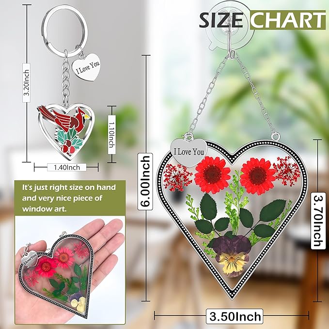 KY&BOSAM Heart Suncatcher I Love You Stained Glass Wind Chime for Windows Pressed Flower Between Heart in Glass and Metal Engraved Charm Birthday Gift for Women Mom Mother's Day Valentine's Christmas