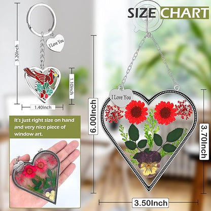 KY&BOSAM Heart Suncatcher I Love You Stained Glass Wind Chime for Windows Pressed Flower Between Heart in Glass and Metal Engraved Charm Birthday Gift for Women Mom Mother's Day Valentine's Christmas