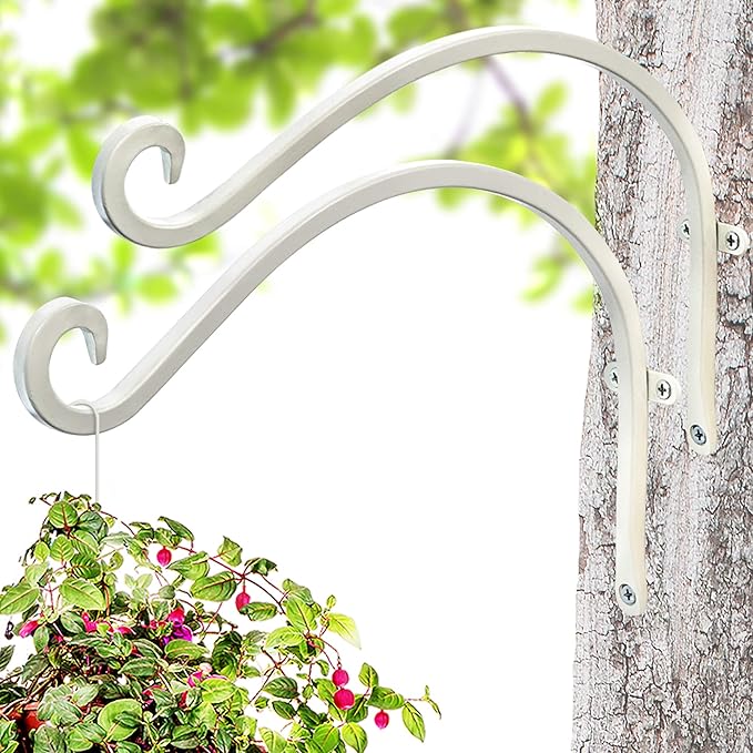 Qiang Ni Bird Feeder Hanger: 12-Inch 50 Lb Wall-Mounted Plant Bracket Outdoor - 2 Pieces White Plant Hooks for Hanging Flower Baskets