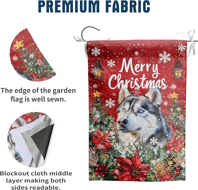 Christmas Husky Garden Flag Merry Christmas Dog Yard Flag for Outside Xmas Flags 12x18 Double Sided Red Poinsettia Garden Flags Winter Porch Decorations Outdoor