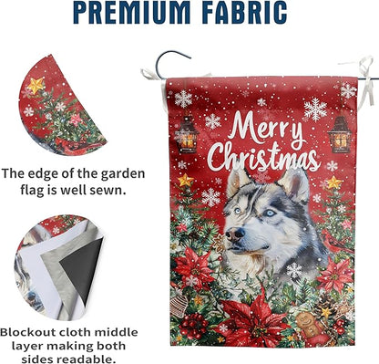 Christmas Husky Garden Flag Merry Christmas Dog Yard Flag for Outside Xmas Flags 12x18 Double Sided Red Poinsettia Garden Flags Winter Porch Decorations Outdoor