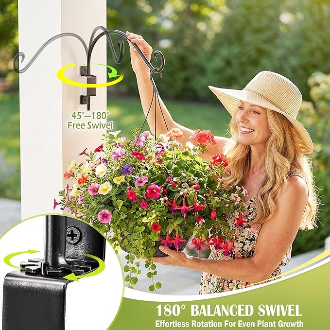 Qiang Ni Swivel Plant Hanger - 16 Inch 60 lbs Capacity Anti-Rust Metal Wall Mount Hook with Mounting Screws - for Indoor Outdoor Hanging Bird Feeders, Flower Baskets, Wind Chimes, Lanterns