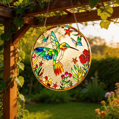 LITIVY Stained Glass Suncatcher Spring Flowers & Hummingbird, 8 Inch Handmade Multi-Color Window Hanging Decor for Garden, Sun Catcher Home Decor for Women