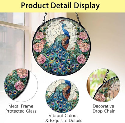 TNUW Peacock Flower Stained Glass Window Hanging, Peacock Decor Sun Catchers Indoor Window Glass Round Wall Art Decor, Bird Floral Wall Hanging Decorations, 7.9＂x7.9＂Suncatchers