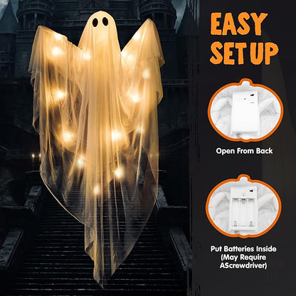 JOYIN 2 Pcs 47” Halloween Light up Hanging Ghost Decoration Outdoor, Halloween Flying Hanging Ghosts with Warm LED Light for Haunted House Prop, Front Yard Patio Party Decor Indoor Outdoor