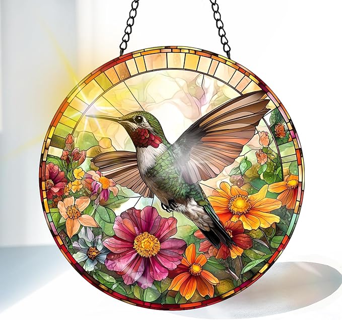 VAIIEYO Hummingbird Sun Catcher Stained Glass Window Hanging Ornament, Handmade Sun Catcher Animal Decoration with Hooks for Window Garden Home, Mother's Day & Birthday Housewarming Gift (7.8 inch)