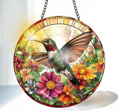 VAIIEYO Hummingbird Sun Catcher Stained Glass Window Hanging Ornament, Handmade Sun Catcher Animal Decoration with Hooks for Window Garden Home, Mother's Day & Birthday Housewarming Gift (7.8 inch)