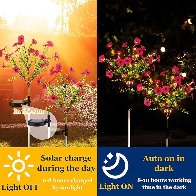 Glooglitter 2 Pack Solar Stake Lights Outdoor Decor Waterproof Mums Artificial Flowers Solar Lights for Outdoor Garden Yard Pathway Decor (Rose Red,Violet)