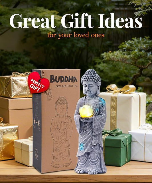 Nacome Solar Buddha Garden Statues with Lotus Flower: Resin Zen Decor Waterproof Sculpture Outdoor Light Design for Outside Patio Lawn Yard Balcony - 14.6 inches(Grey)