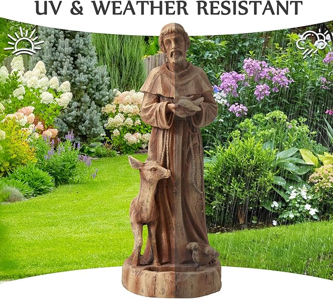 St Francis Garden Statue Outdoor All-Weather, 25" H Religious Saint Francis of Assisi Catholic Statue with Bird Feeder for Patio Yard Home Decor