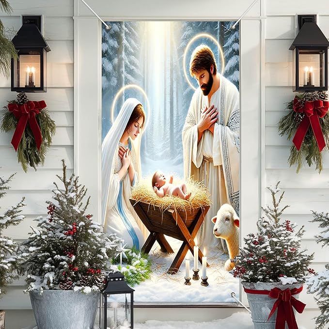 IVN Christmas Door Cover Decoration 71 x 35 in Holiday Banner Holy Night Nativity Scene in Snowy Forest Photo Backdrop Indoor Outdoor for Front Door Party Decorations
