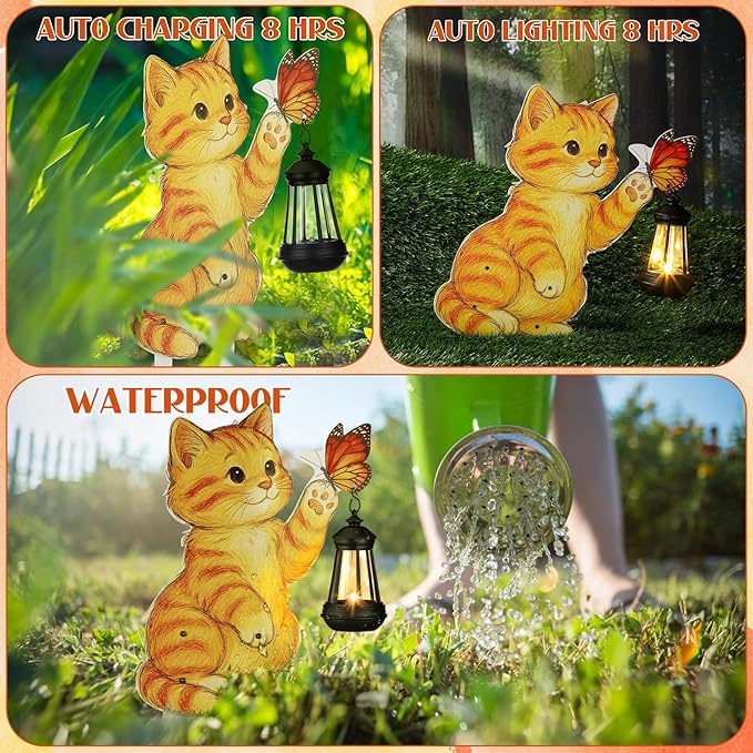 WILLBOND Cat Garden Decor Summer Outdoor Solar Lights Decor, Metal Orange Cat Garden Stake with Butterfly, Outside Stake Signs Gifts for Mom Yard Lawn Patio Unique Gift Ideas