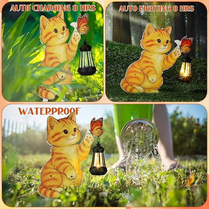 WILLBOND Cat Garden Decor Summer Outdoor Solar Lights Decor, Metal Orange Cat Garden Stake with Butterfly, Outside Stake Signs Gifts for Mom Yard Lawn Patio Unique Gift Ideas