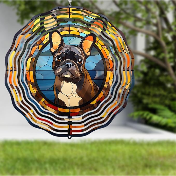 French Bulldog Wind Spinner Pet Dog Memorial Gifts 3D Aluminum Metal Kinetic Hanging Wind Sculpture Spinners for Yard and Garden Indoor Outdoor Window Garden Decoration 8 Inch (French Bulldog 2)