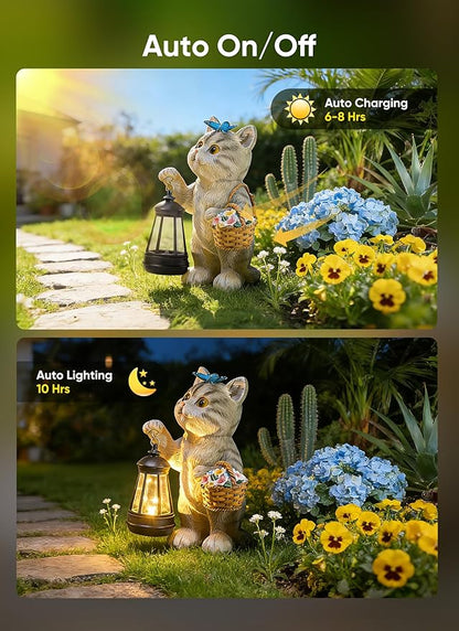 Brightown Solar Cat Garden Decor Statue with Solar Lantern Light, Hand-Painted Resin, IP65 Waterproof Outdoor Decor for Patio, Balcony & Yard Decorations, Unique Mothers Day Gifts for Mom Women