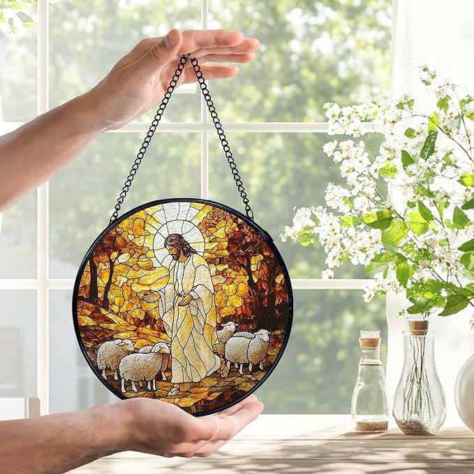 Christian Jesus and Lamb Suncatchers Stained Glass Window Hanging, Jesus Religious Sun Catchers Indoor Window Glass Round Wall Decor, Christian Wall Hanging Decorations, 7.9x7.9in