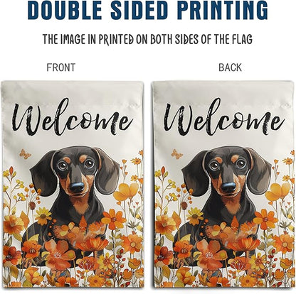 Floral Dachshund Garden Flag Fall Yard Flag Wildflower Dog Garden Flags Orange Autumn Lawn Flags Welcome Thanksgiving Outdoor Flags for Outside 12x18 Double Sided Small