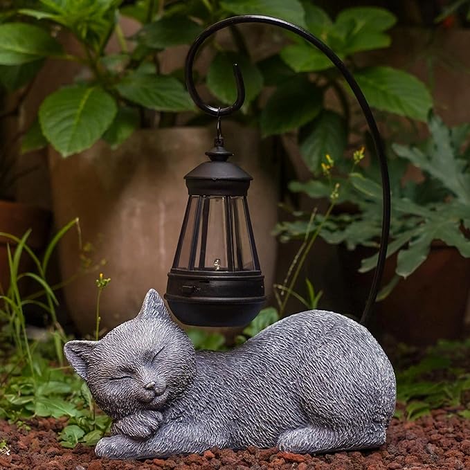Solar Garden Statue with LED Lights - Cute Sleep Cat Sculpture, Waterproof Resin Ornament for Lawn, Patio, Yard, Balcony & Home Decor, Solar Powered Light for Outdoor and Indoor Spaces