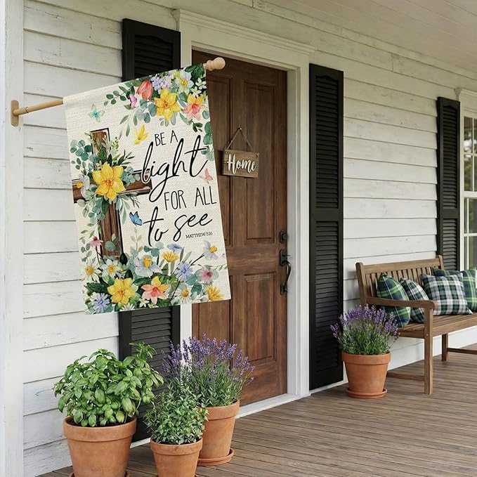 CROWNED BEAUTY Spring House Flag Floral Cross Double Sided 28x40 Inches Large Burlap Welcome Holiday Seasonal Yard Decoration for Outside Porch