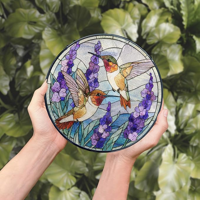 Hummingbird Stained Glass Window Hanging, Hummingbirds Suncatchers Gift for Mom Grandma, Flowers Birds Sun Catchers Indoor Window Round Glass Wall Art Hanging Decorations, 7.9x7.9in