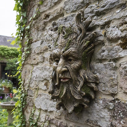 Old Man Tree Face Hugger Outdoor Decor, Handmade Tree Art Resin Statue with Foliage & Root Details, Whimsical Hanging Yard Art for Garden Wall Fence