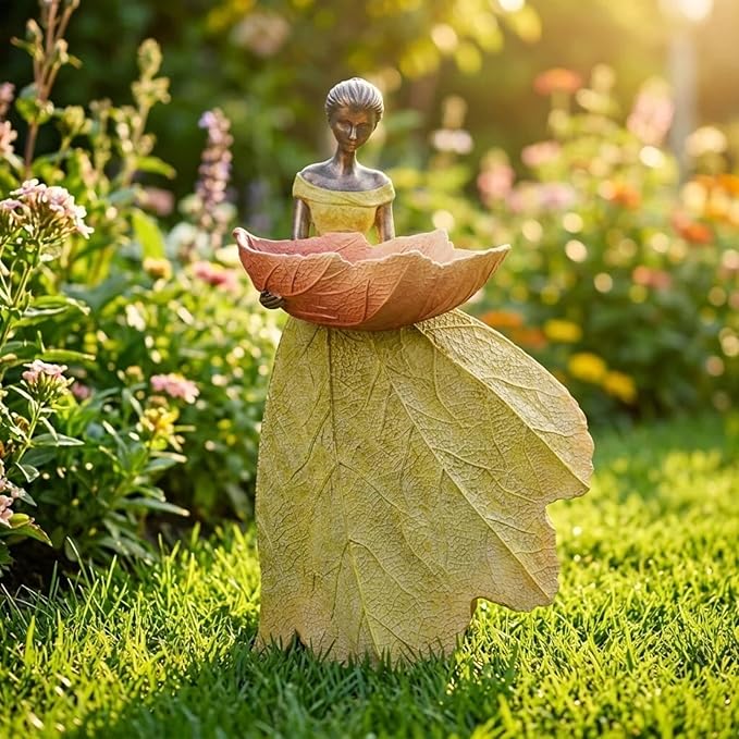 DiliComing Fairy Garden Statue Bird Feeder - 12 Inch Fairy Statue for Home Decoration, Resin Outdoor Statues for Garden Decoration, Best Bird Feeder Gift for Women(Yellow)