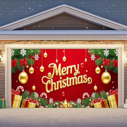 IVN Merry Christmas Happy New Year Garage Door Banner 13x6 ft Christmas Garage Door Cover Wnter Scene Background Indoor Outdoor Red Gold Snowflake Candy Cane Ornaments Gift Boxes Holiday Decorations for Home and Events Wall Backdrop Decor