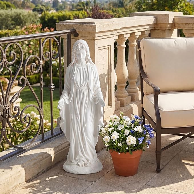 Giantex Virgin Mary Garden Statue 29.5", Blessed Mother Outdoor Religious Statue with Serpent, Weather-Resistant MgO Catholic Yard Decor for Lawn, Patio, Prayer Garden & Memorial, Distressed Ivory